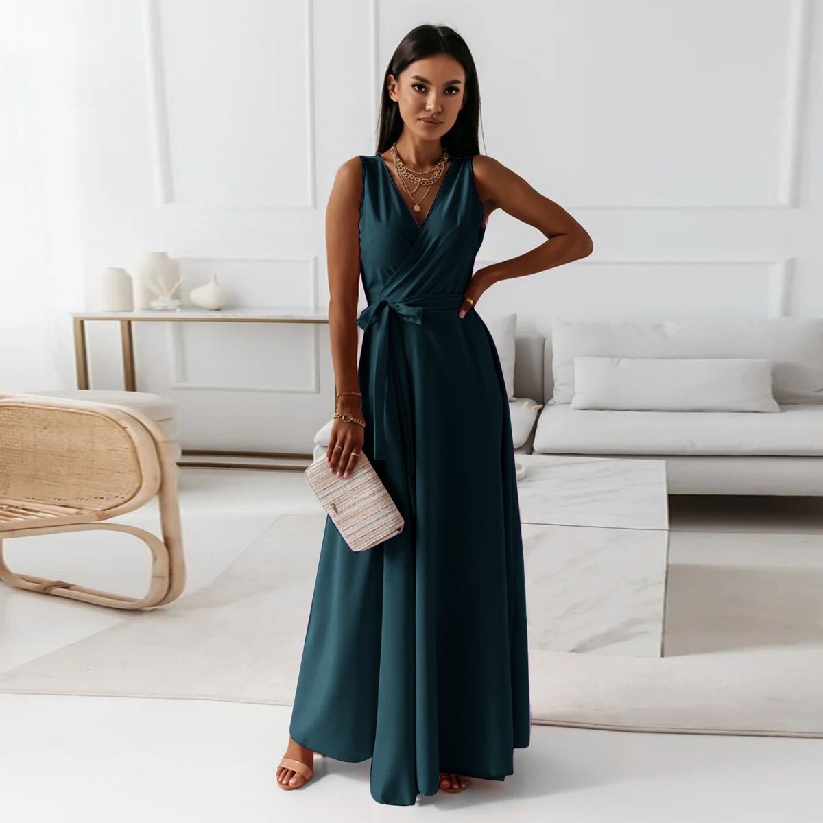 Women's Elegant Sleeveless Wrap Wedding Guest Dress Flowing Maxi - Dark Green