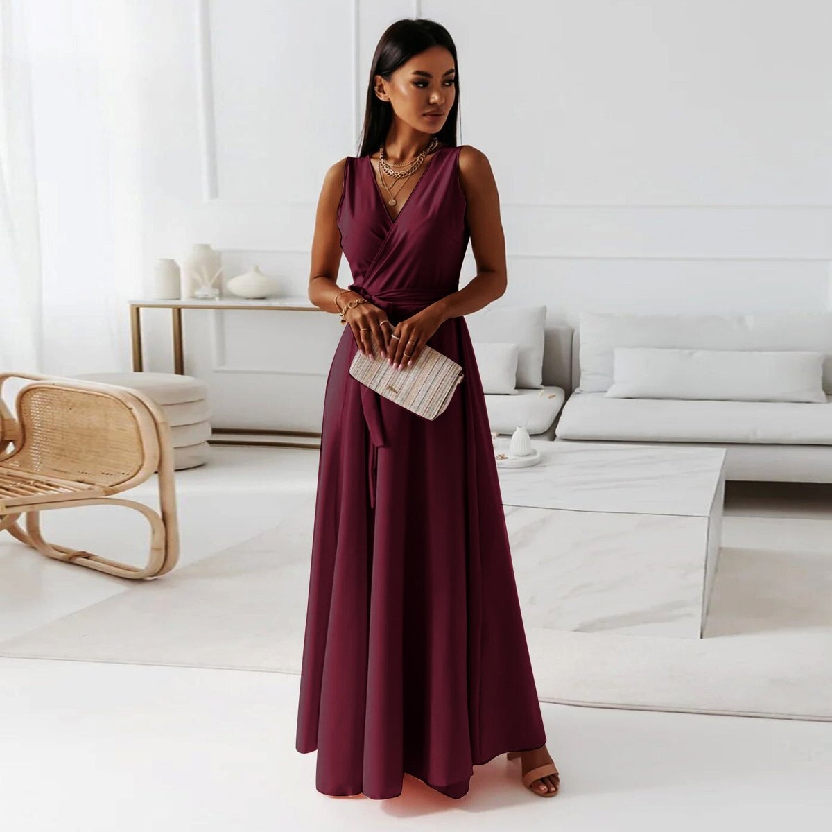 Women's Elegant Sleeveless Wrap Wedding Guest Dress Flowing Maxi - Burgundy