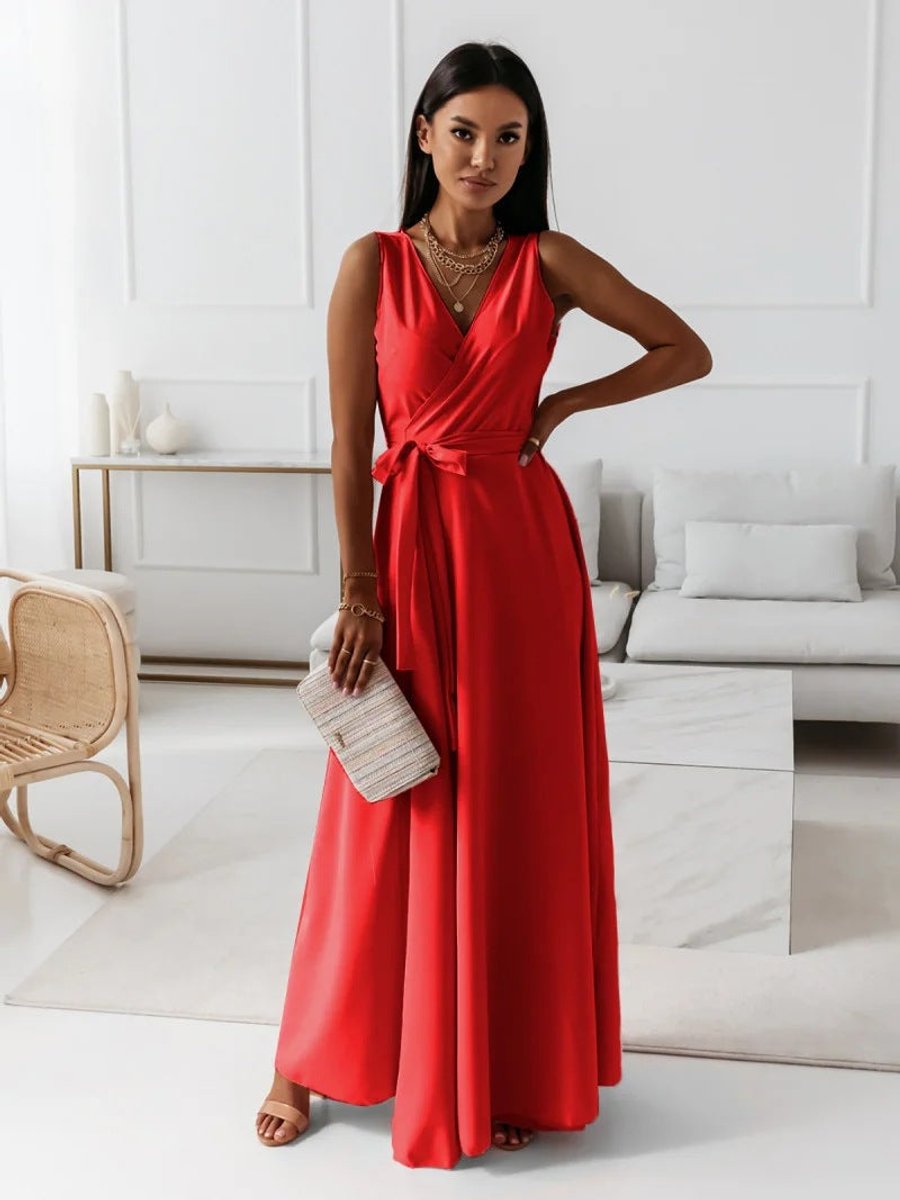 Women's Elegant Sleeveless Wrap Wedding Guest Dress Flowing Maxi - Red