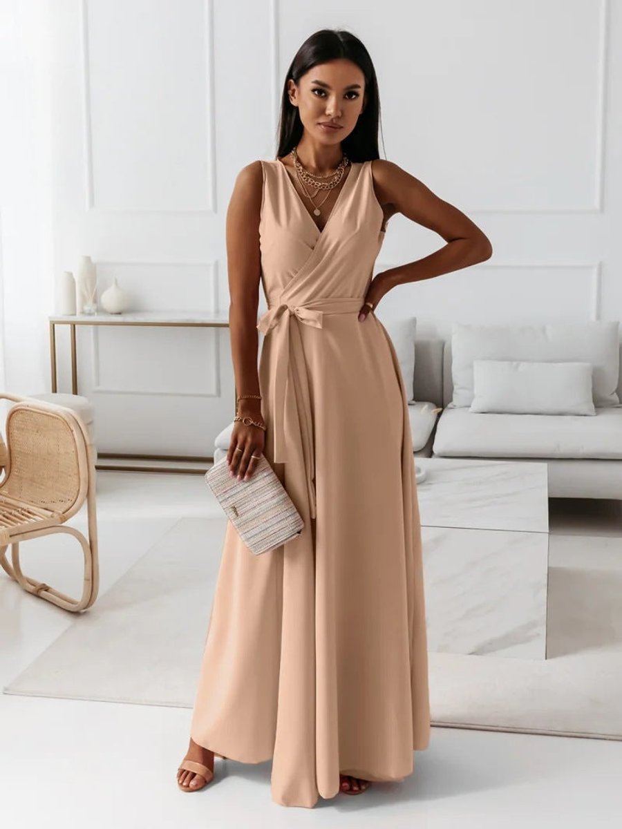 Women's Elegant Sleeveless Wrap Wedding Guest Dress Flowing Maxi - Khaki