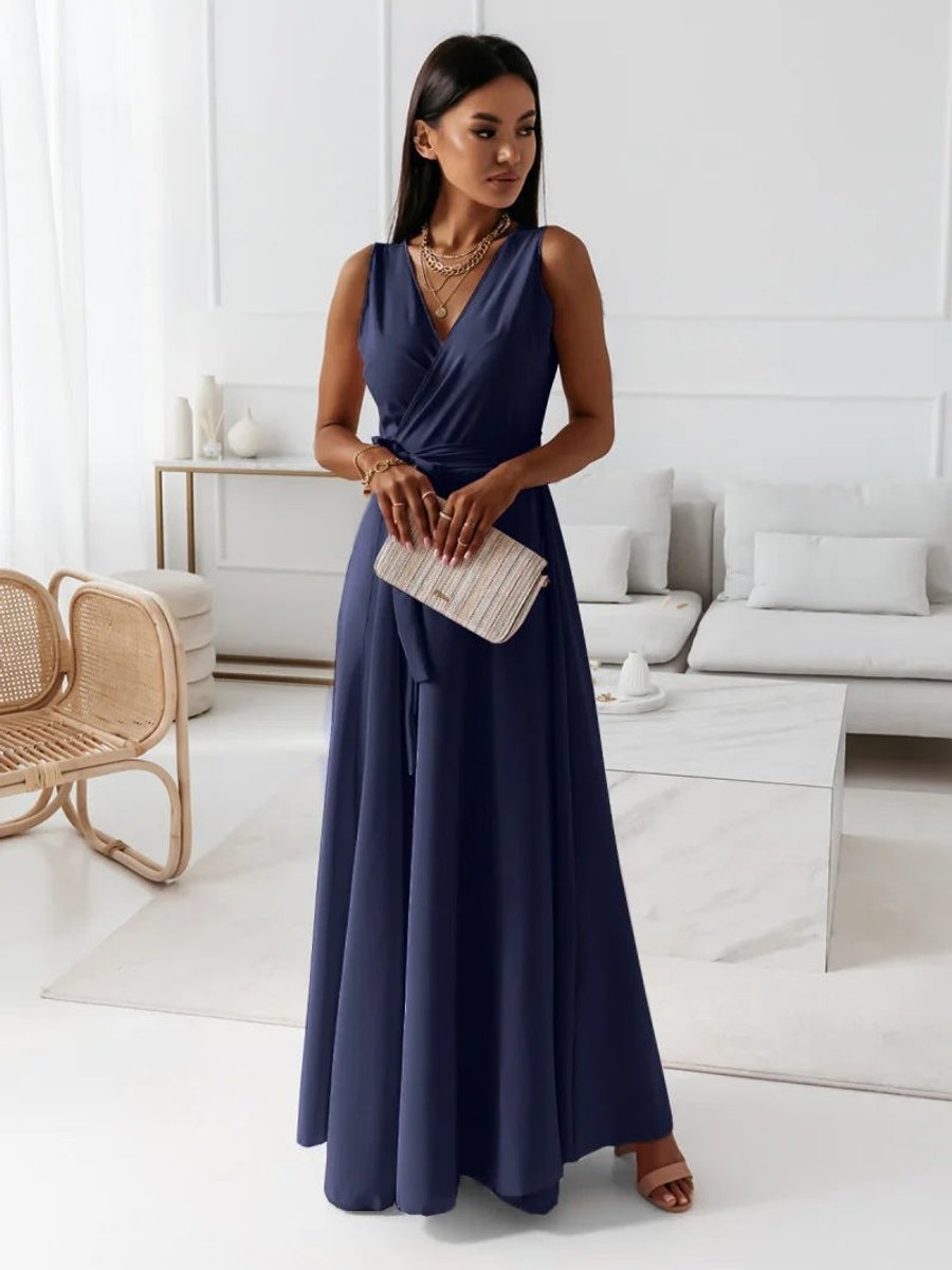 Women's Elegant Sleeveless Wrap Wedding Guest Dress Flowing Maxi - Navy Blue