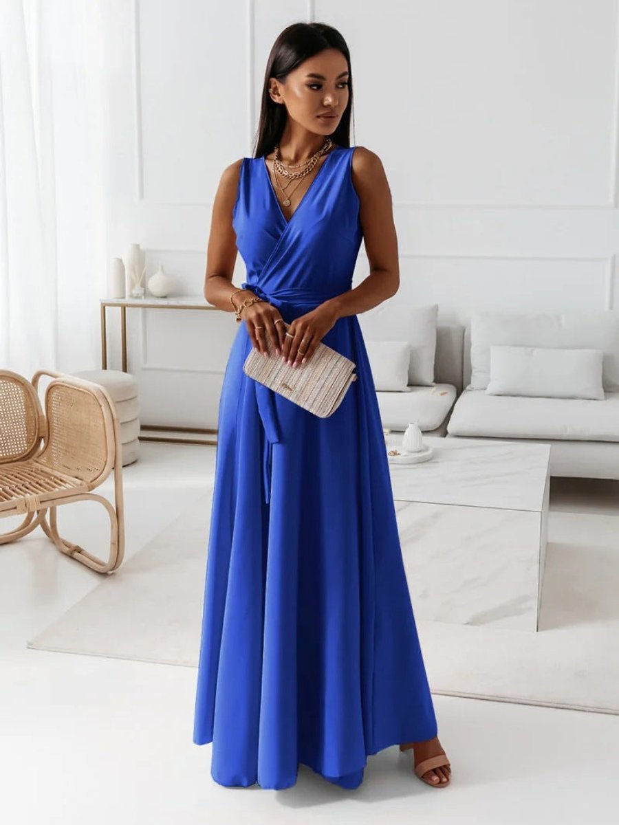 Women's Elegant Sleeveless Wrap Wedding Guest Dress Flowing Maxi - Blue