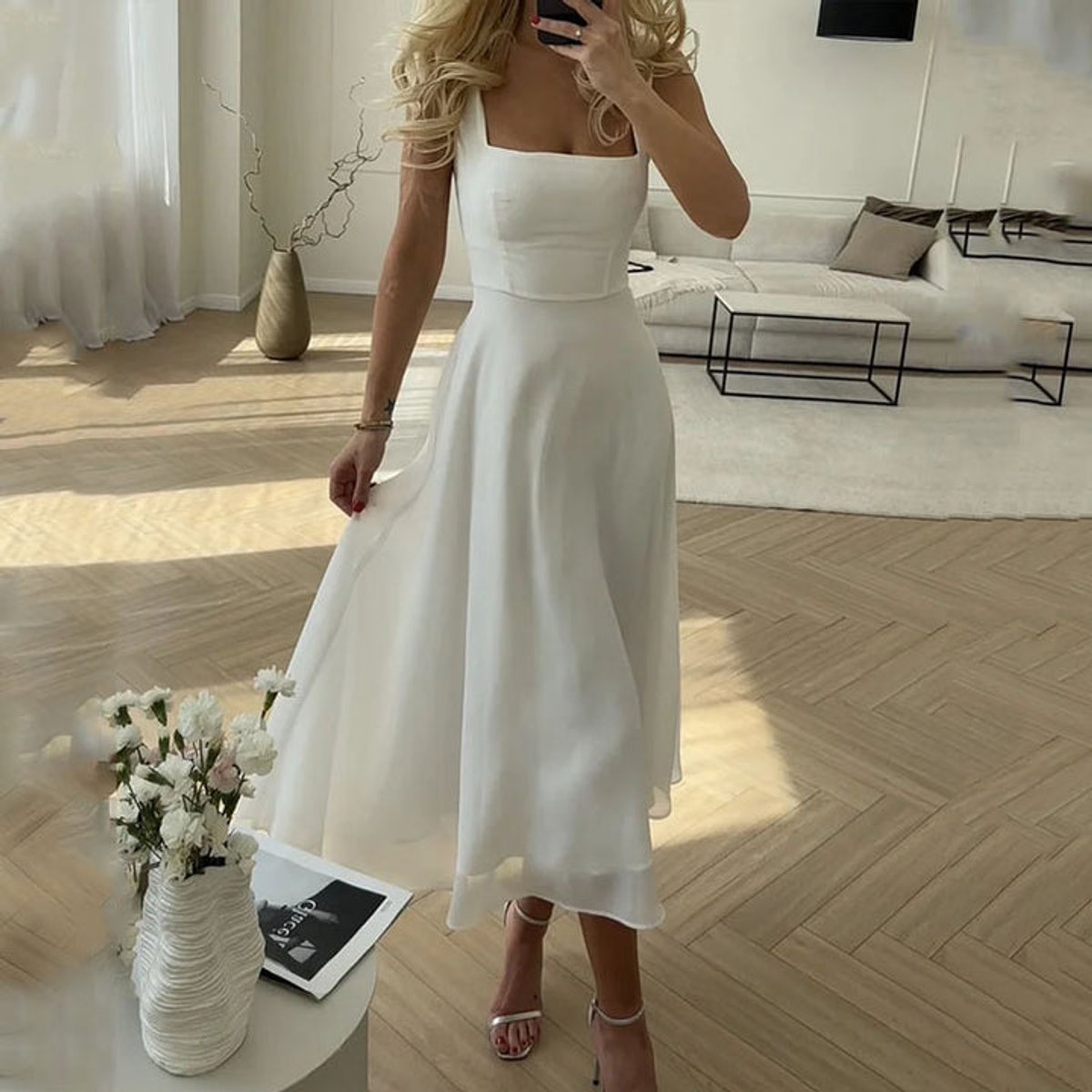 Women's Elegant Square-Neck Midi Wedding Guest Dress - White