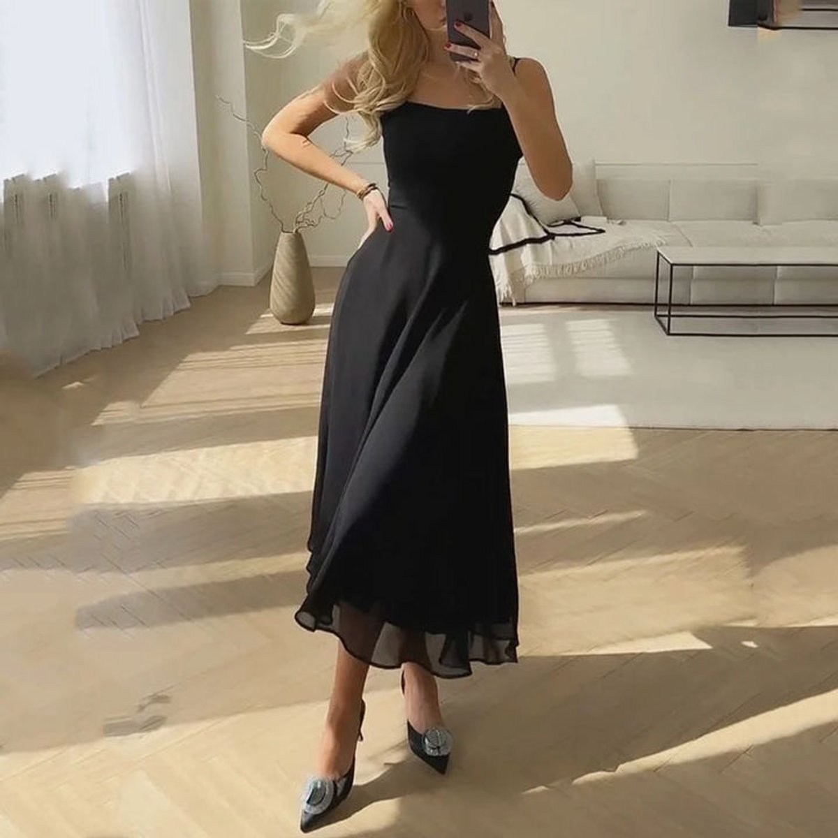 Women's Elegant Square-Neck Midi Wedding Guest Dress - Black