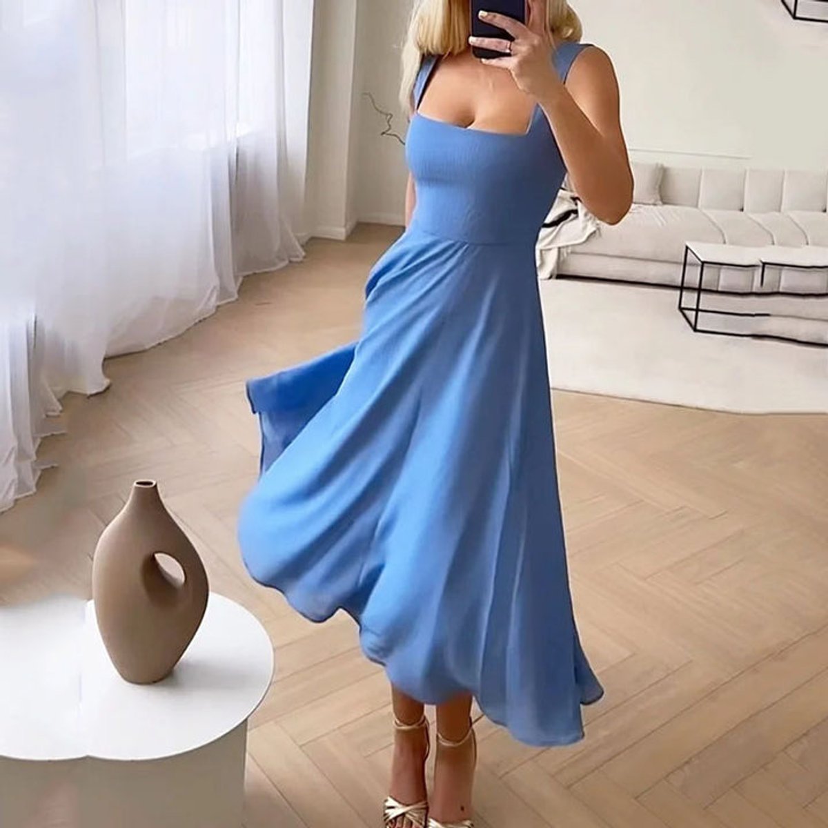 Women's Elegant Square-Neck Midi Wedding Guest Dress - Blue