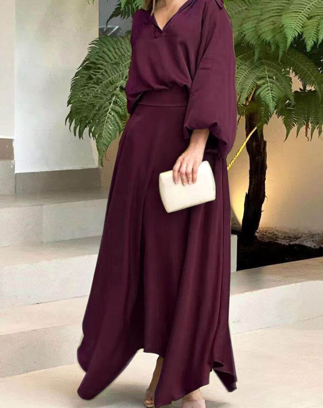 Women's Elegant V-Neck Batwing-Sleeve Flowy Maxi Dress - Red