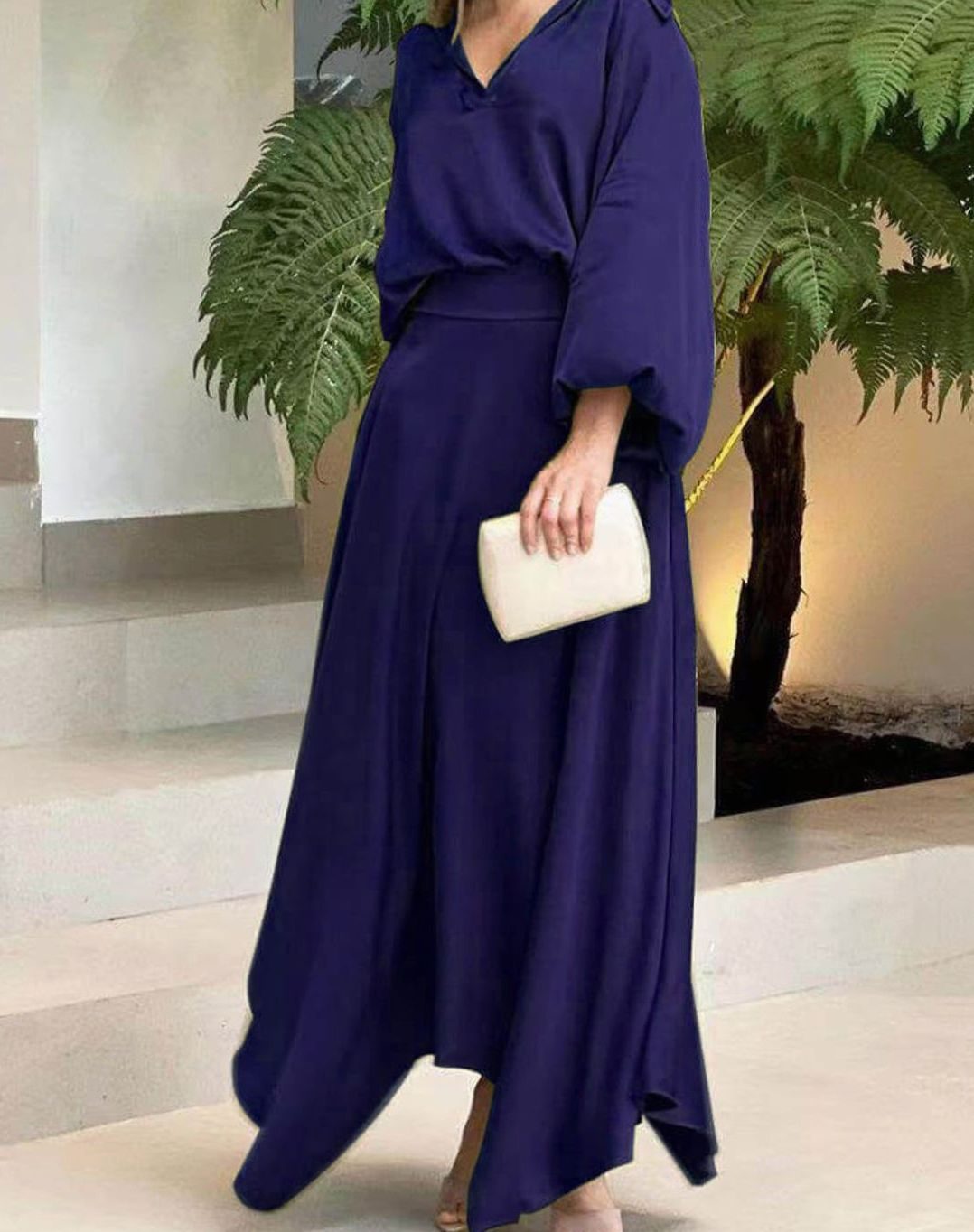 Women's Elegant V-Neck Batwing-Sleeve Flowy Maxi Dress - Blue