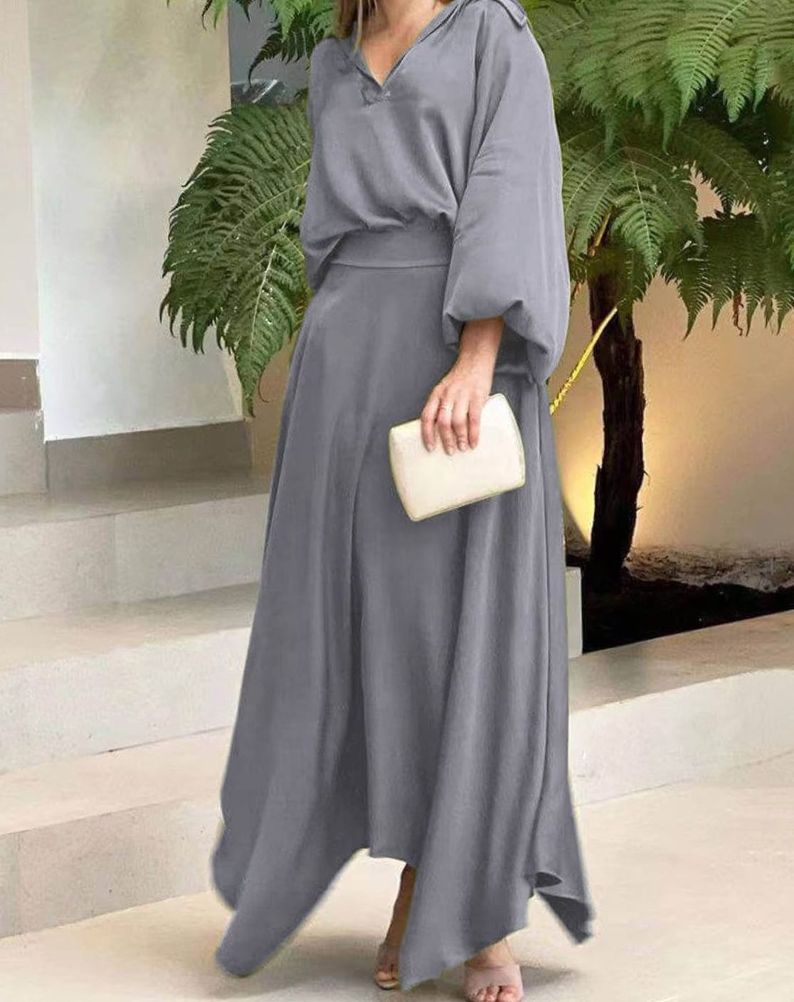 Women's Elegant V-Neck Batwing-Sleeve Flowy Maxi Dress - Gray