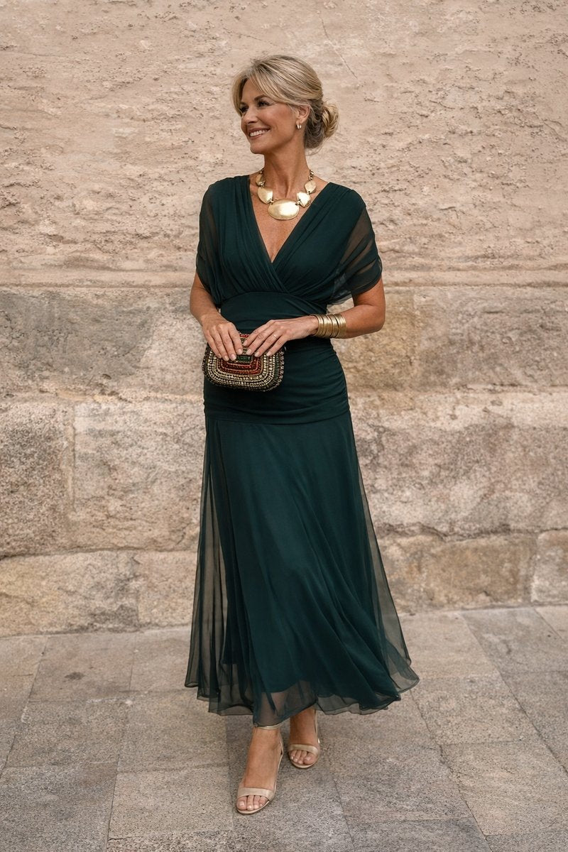 Women's Elegant V-Neck Chiffon Maxi Summer Dress - Bottle Green