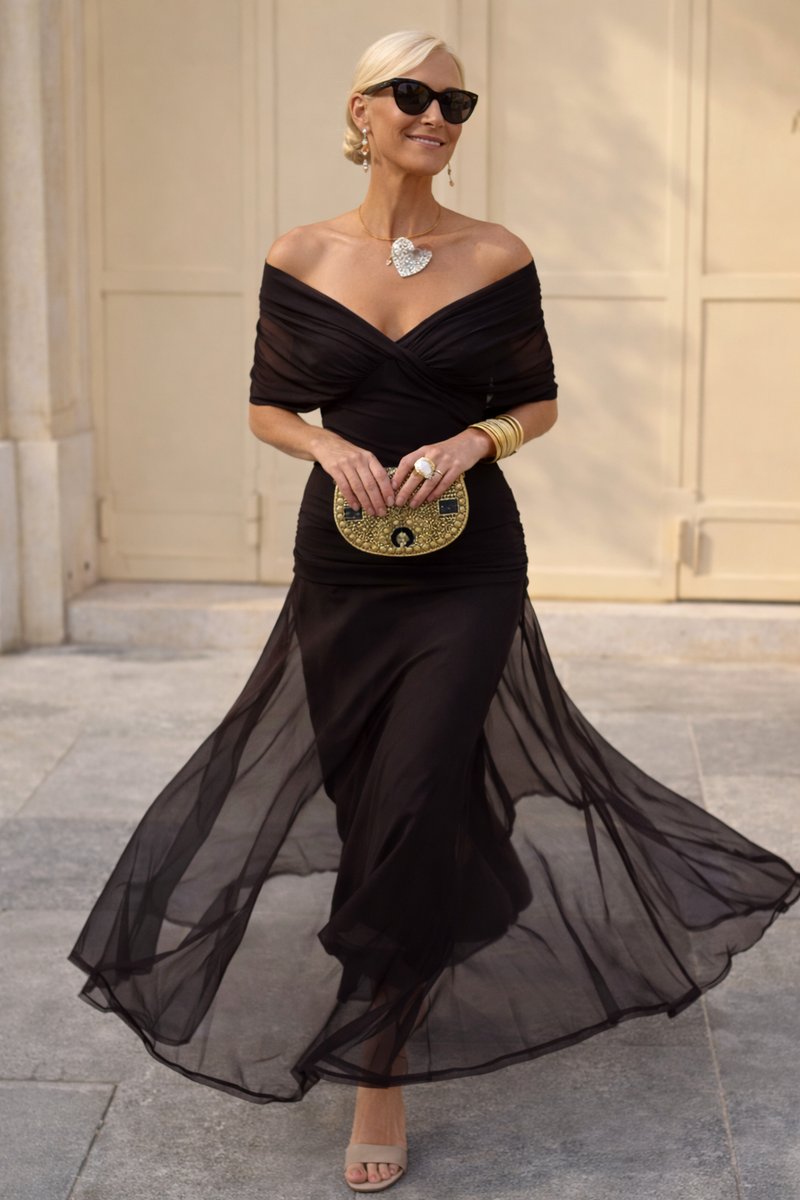 Women's Elegant V-Neck Chiffon Maxi Summer Dress - Night Brown