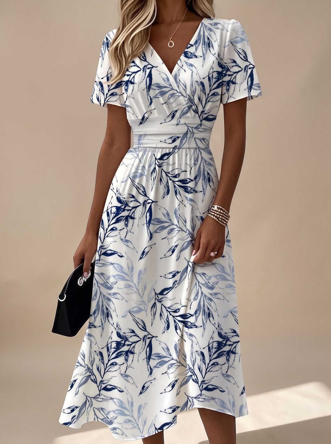 Women's Elegant V-Neck Leaf Print Midi Dress - White