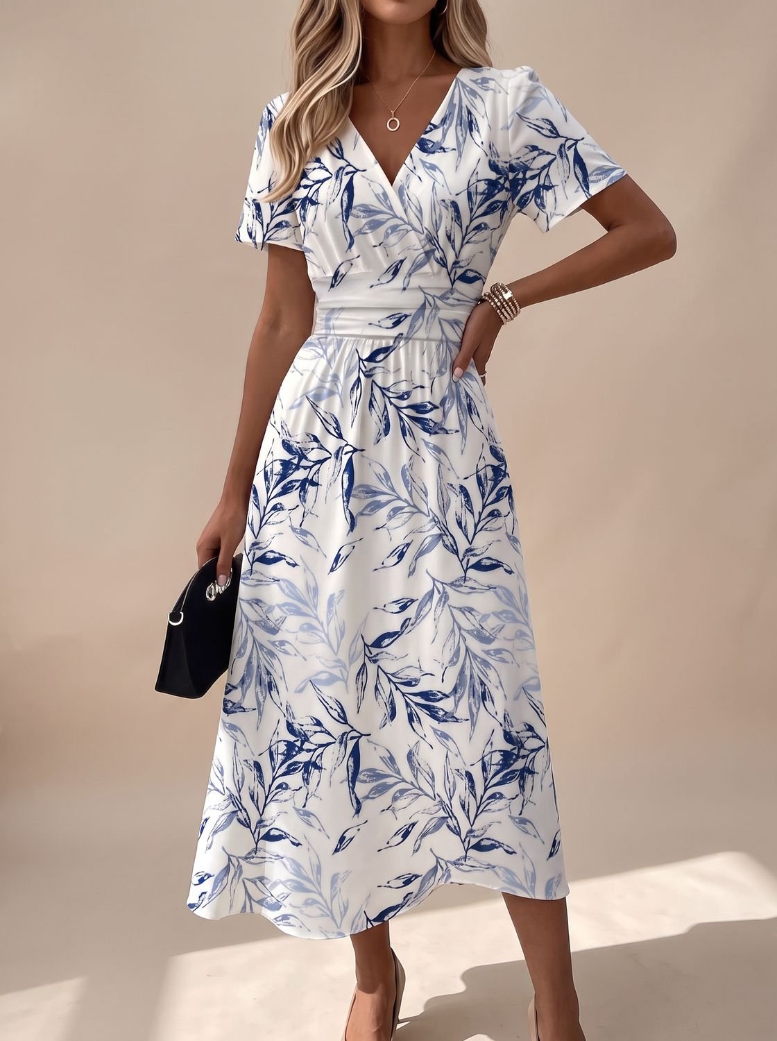 Women's Elegant V-Neck Leaf Print Midi Dress