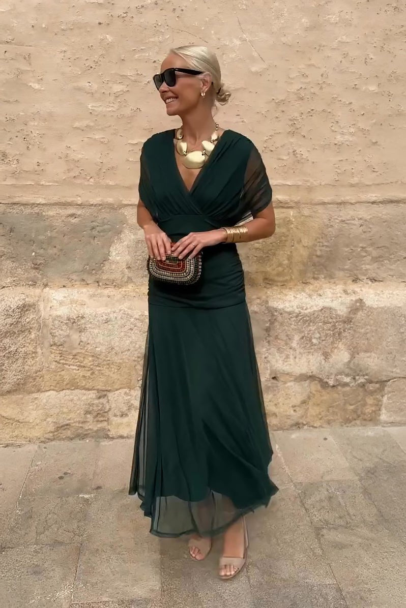 Women's Elegant V-Neck Pleated Chiffon Maxi Dress - Green