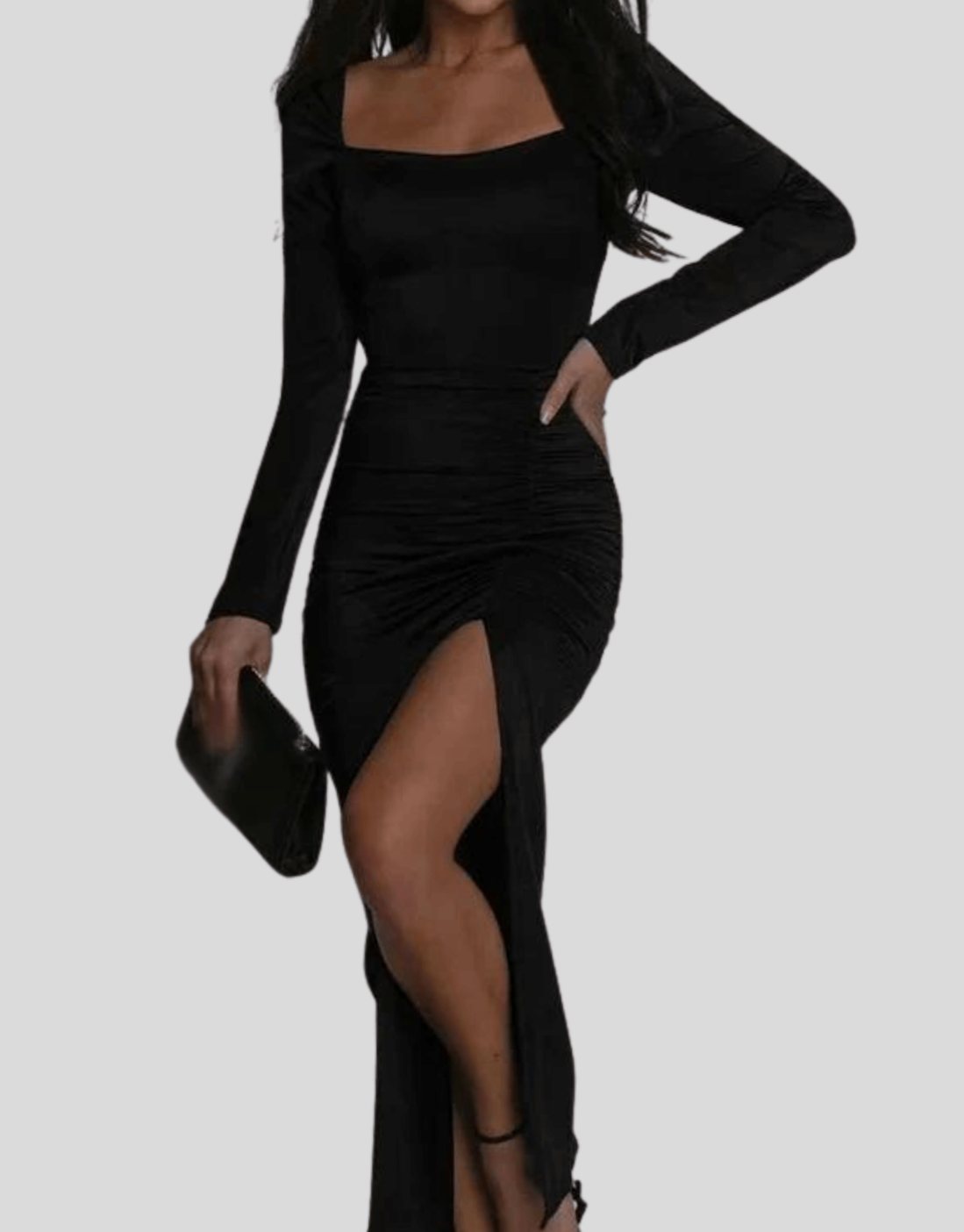 Women's Elegant Velvet Formal Dress Square Neck Side Slit - Black