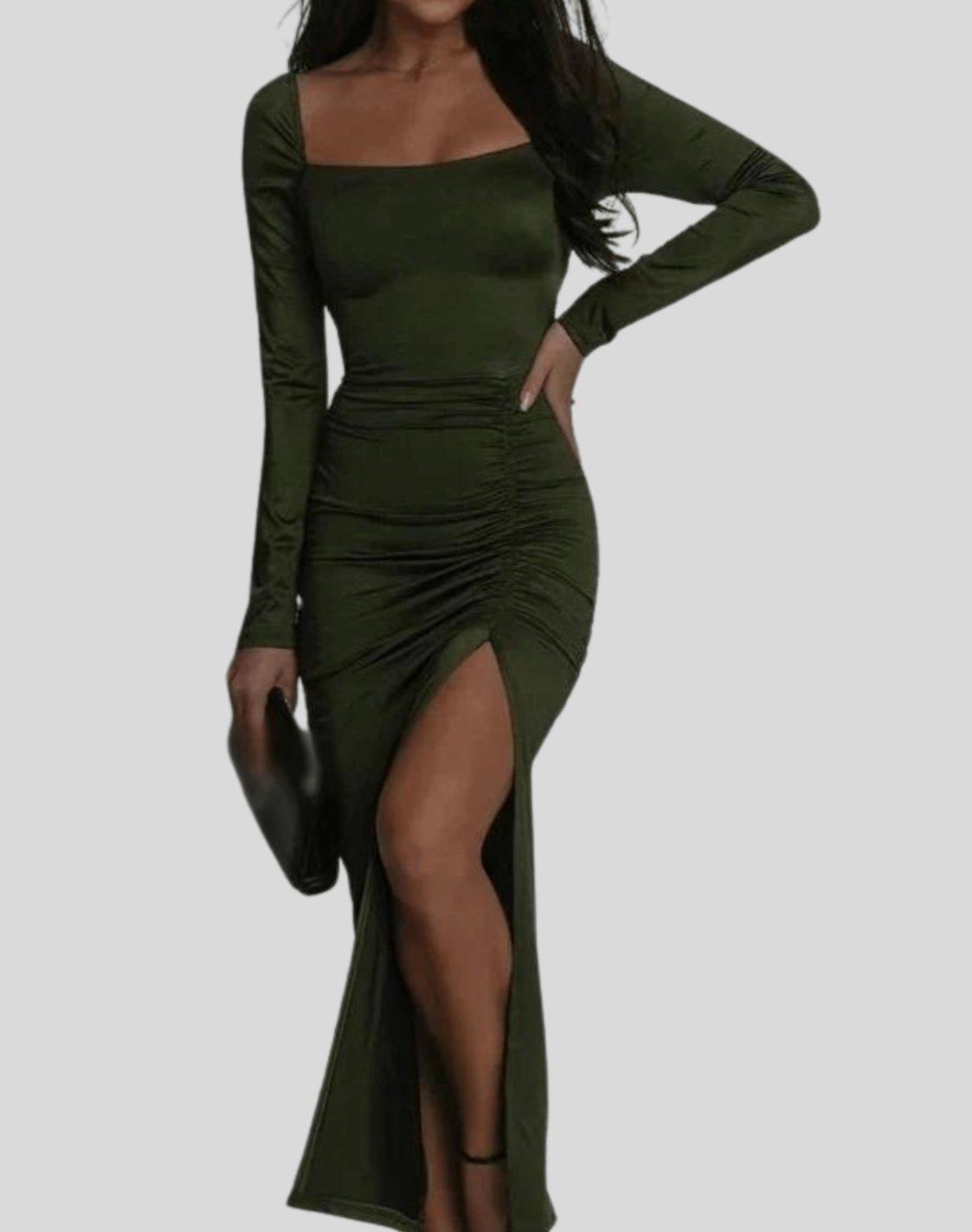 Women's Elegant Velvet Formal Dress Square Neck Side Slit - Green