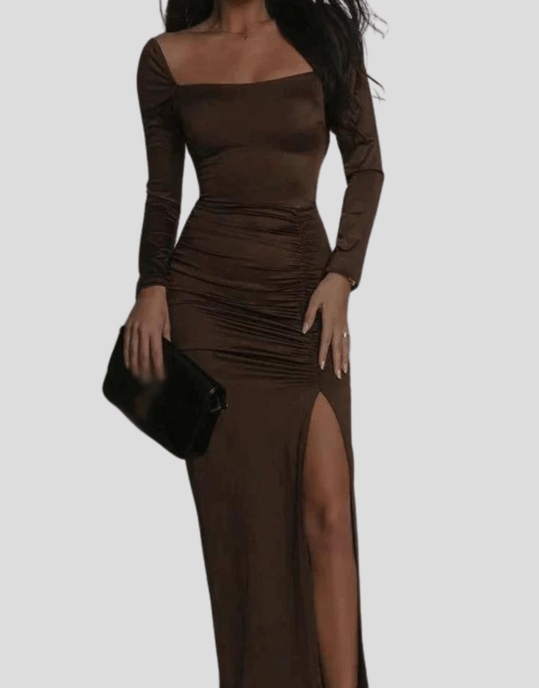 Women's Elegant Velvet Formal Dress Square Neck Side Slit - Coffee