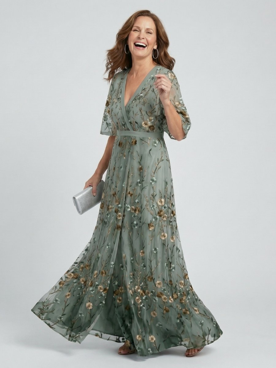 Women's Embroidered Floral Summer Dress Flutter-Sleeve Maxi - Sage Green