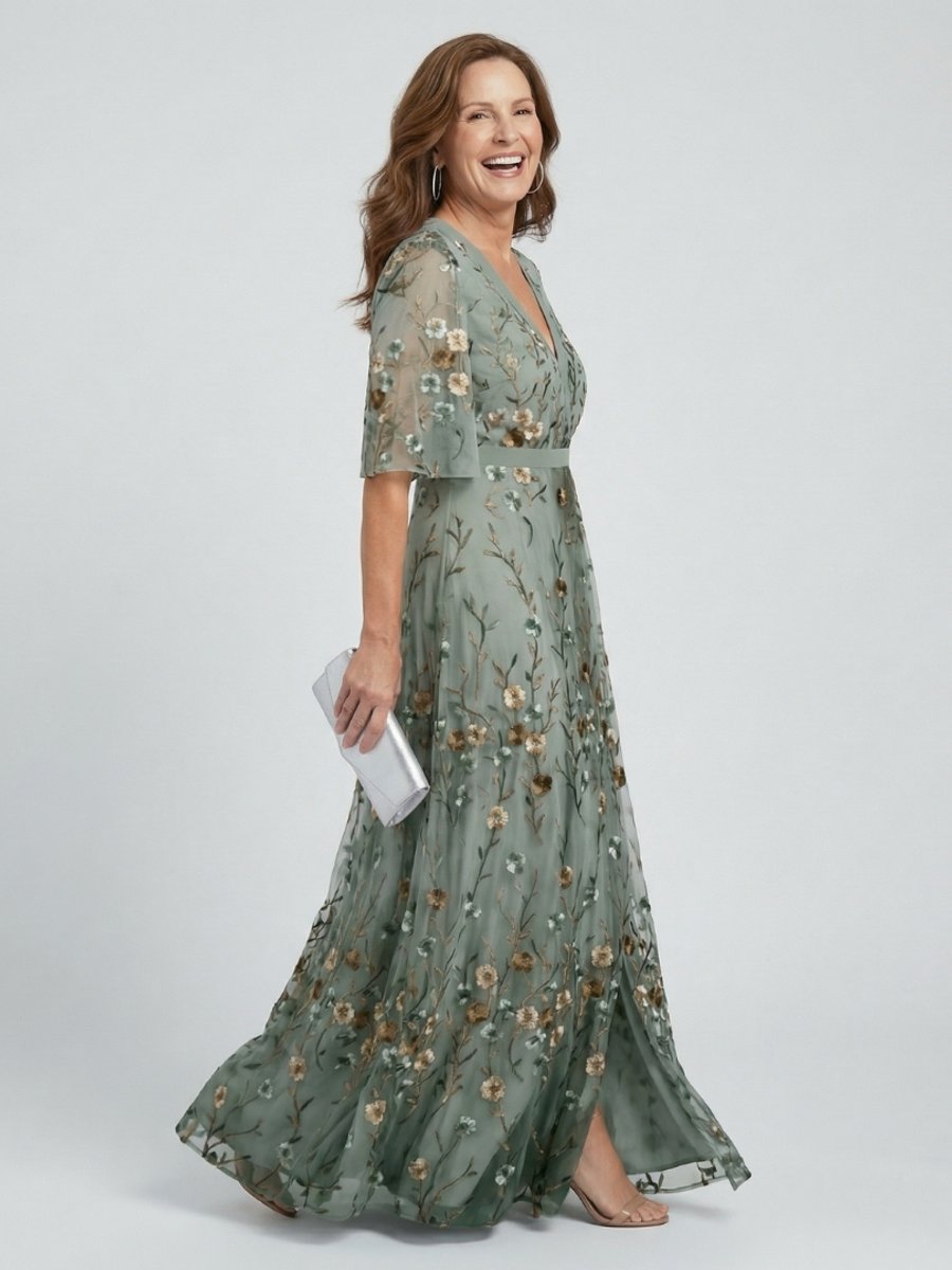 Women's Embroidered Floral Summer Dress Flutter-Sleeve Maxi