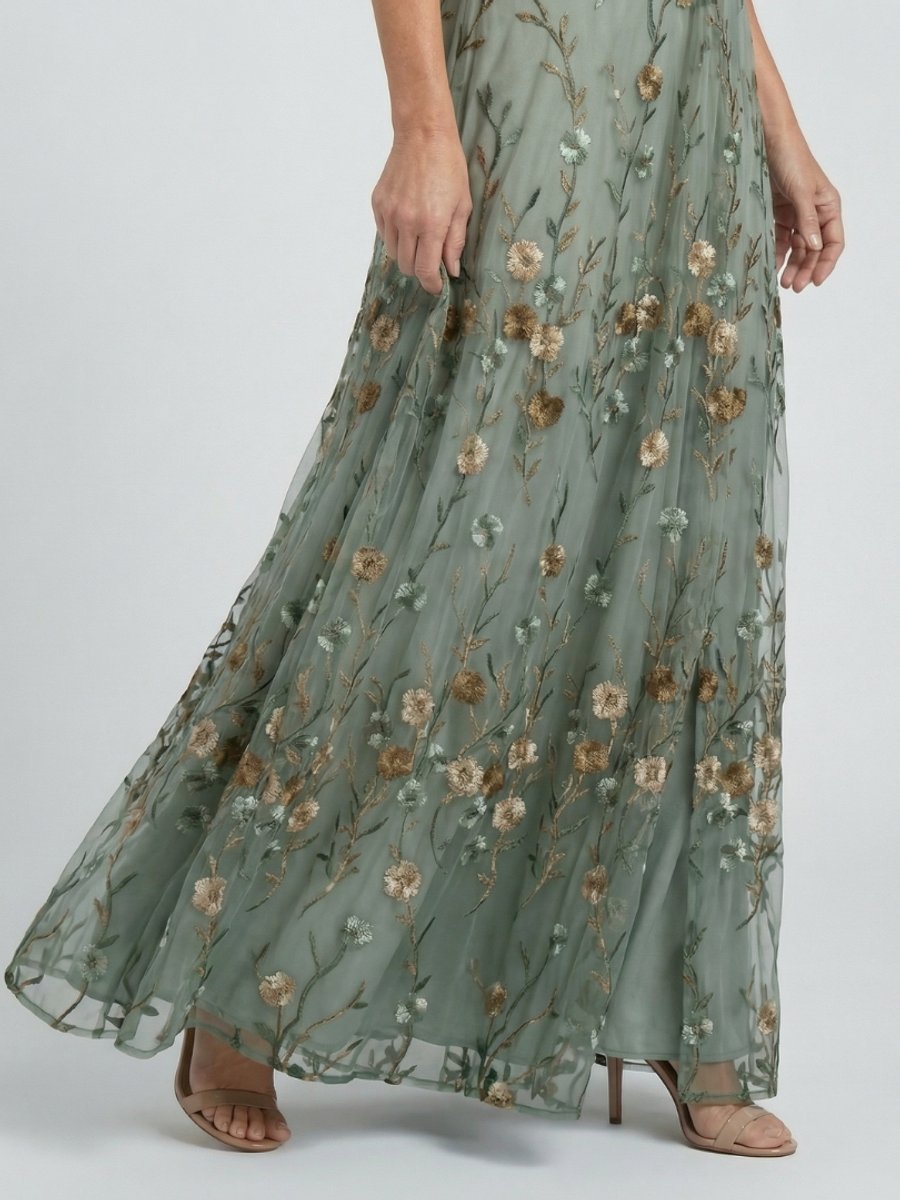 Women's Embroidered Floral Summer Dress Flutter-Sleeve Maxi