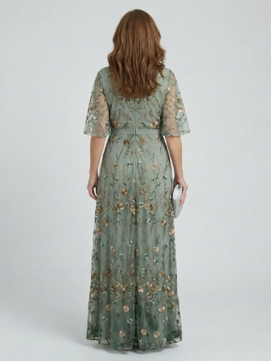 Women's Embroidered Floral Summer Dress Flutter-Sleeve Maxi