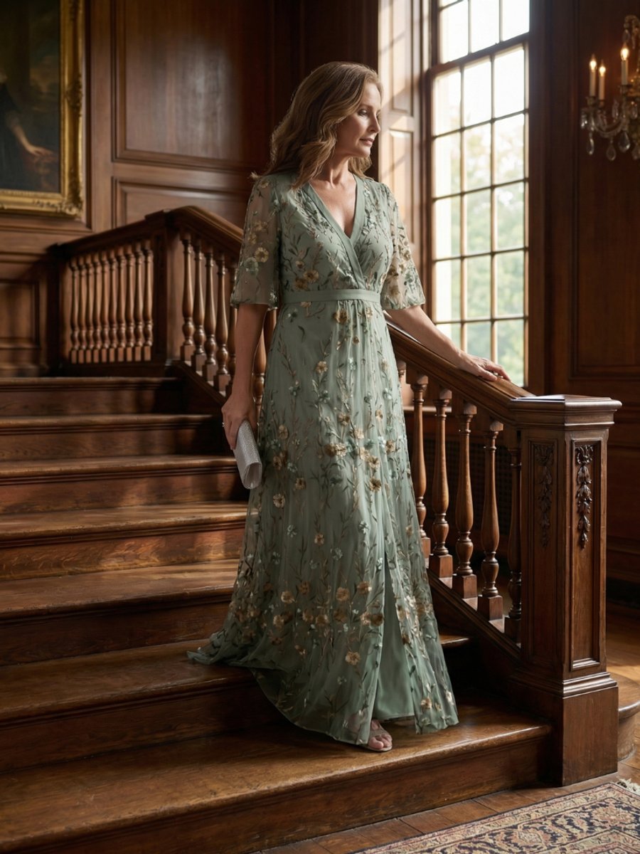 Women's Embroidered Floral Summer Dress Flutter-Sleeve Maxi