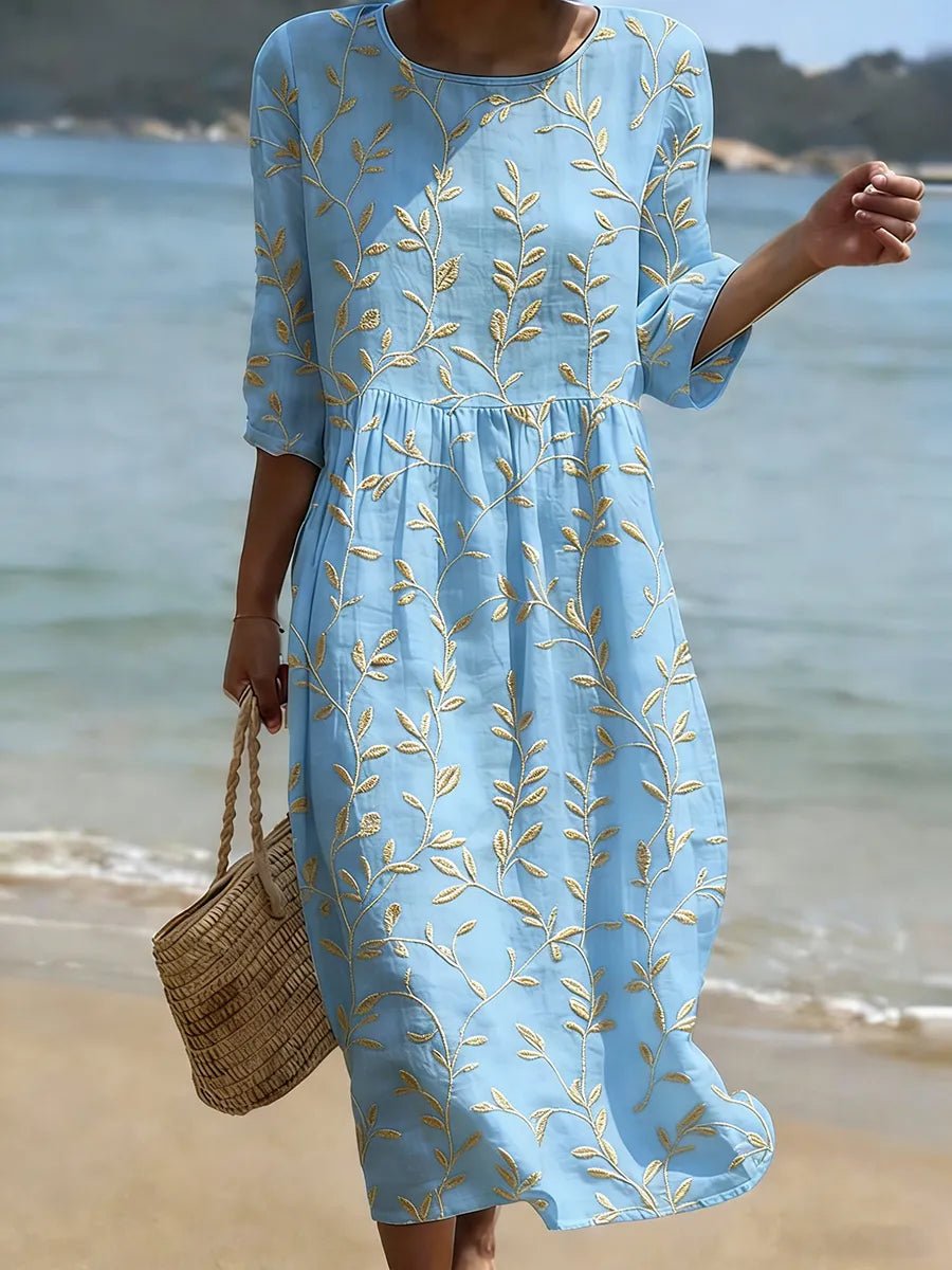 Women's Embroidered Leaf Floral Summer Dress Round-Neck Midi