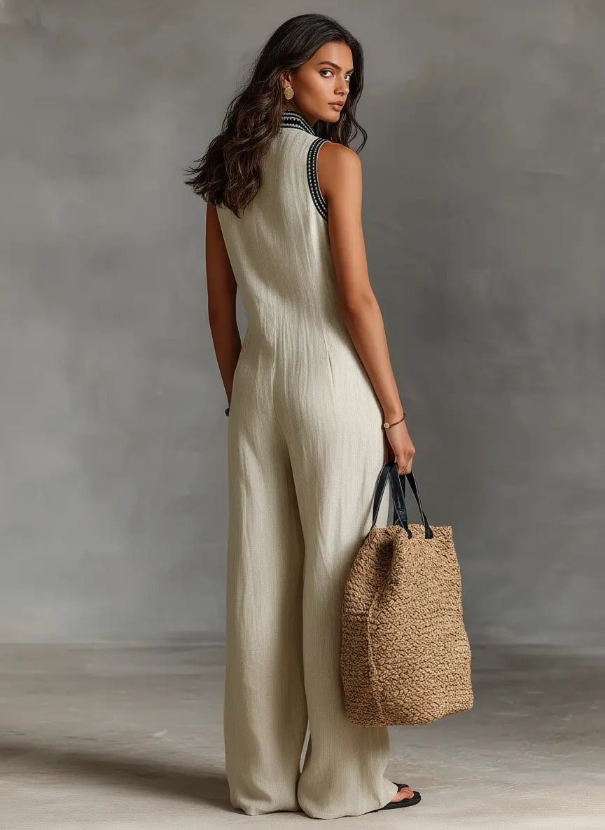 Women's Embroidered Linen Sleeveless Stand-Collar Jumpsuit