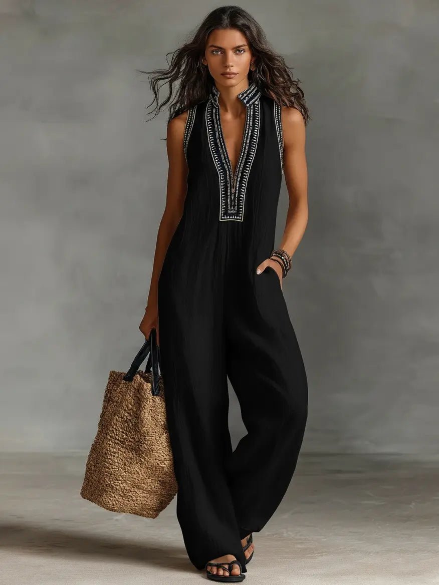 Women's Embroidered Linen Sleeveless Stand-Collar Jumpsuit - Black