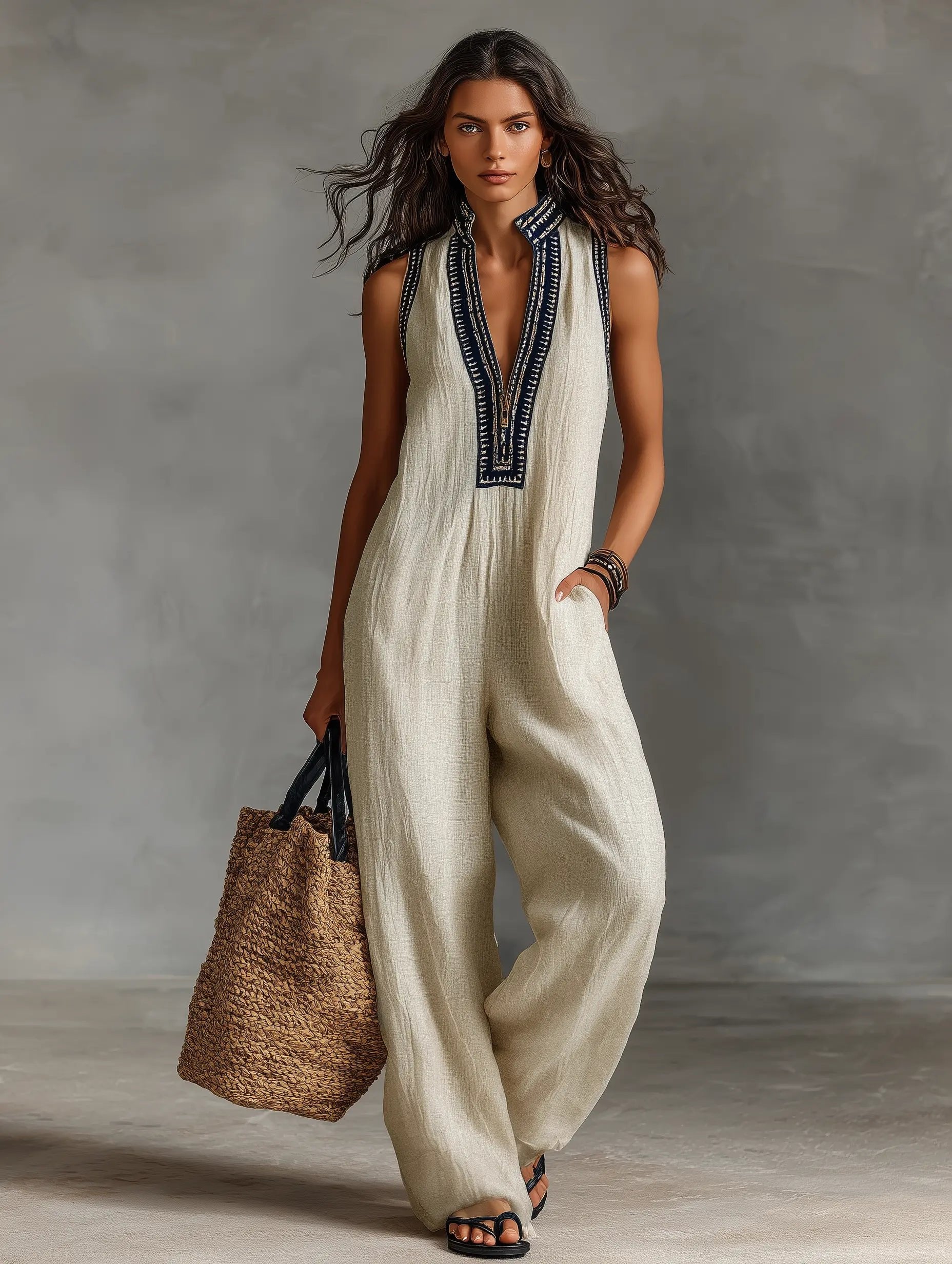 Women's Embroidered Linen Sleeveless Stand-Collar Jumpsuit