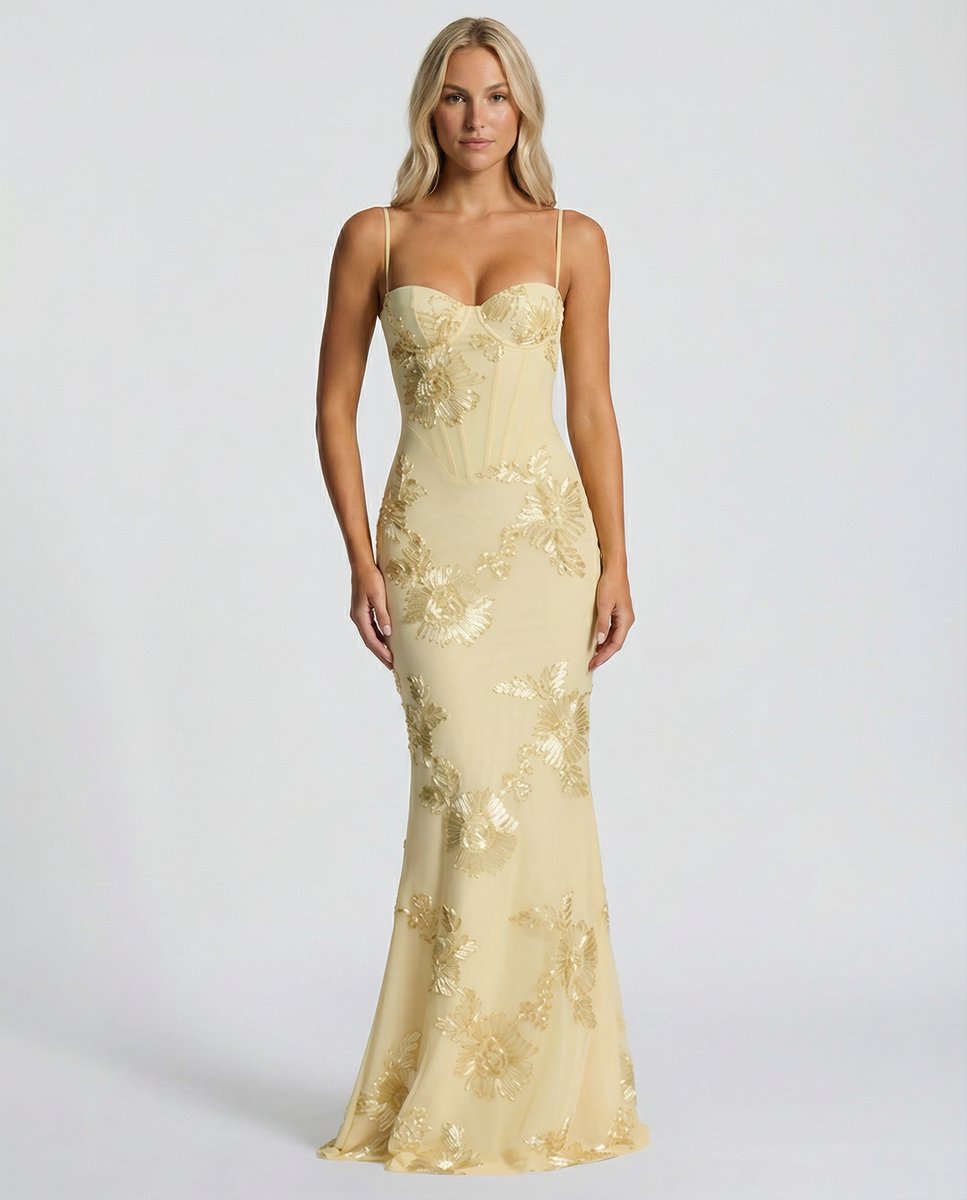 Women's Embroidered Mermaid Maxi Summer Dress Corset Formal Gown - Yellow
