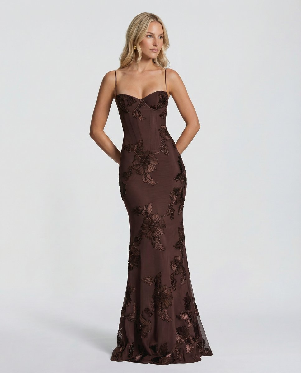 Women's Embroidered Mermaid Maxi Summer Dress Corset Formal Gown - Brown