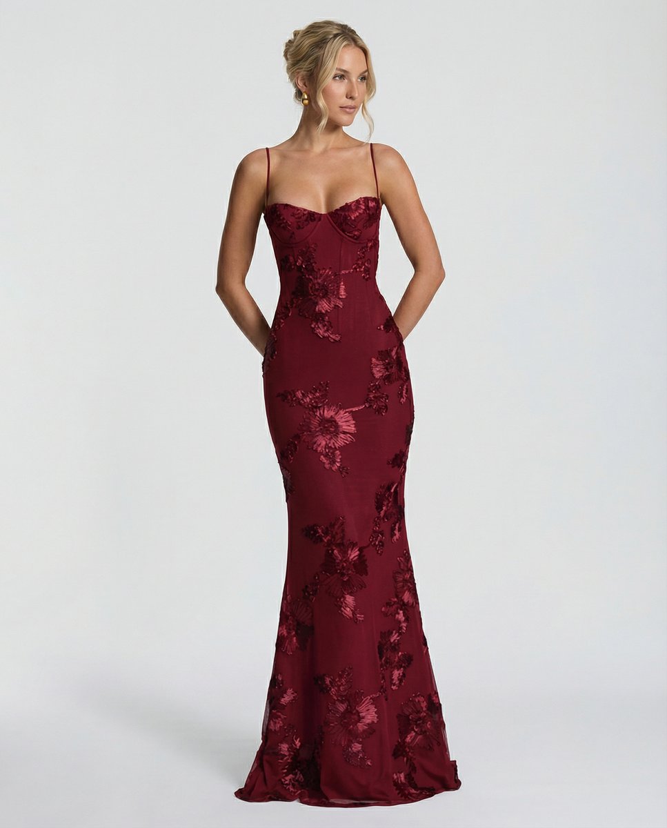 Women's Embroidered Mermaid Maxi Summer Dress Corset Formal Gown - Claret