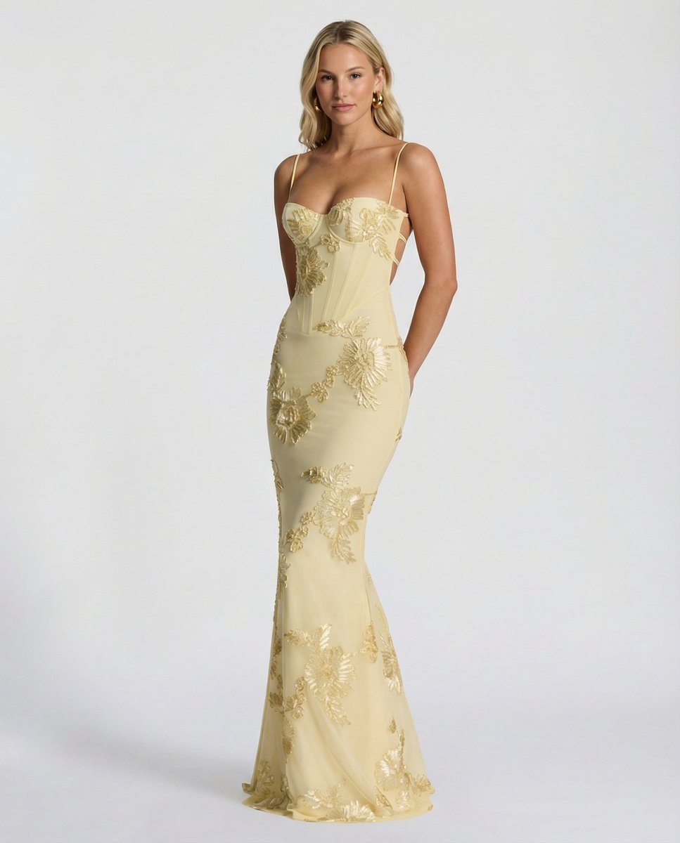 Women's Embroidered Mermaid Maxi Summer Dress Corset Formal Gown
