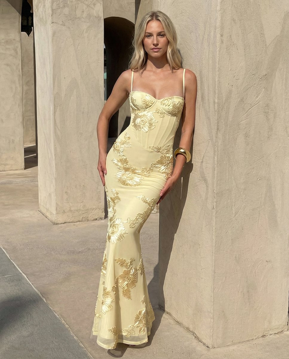 Women's Embroidered Mermaid Maxi Summer Dress Corset Formal Gown