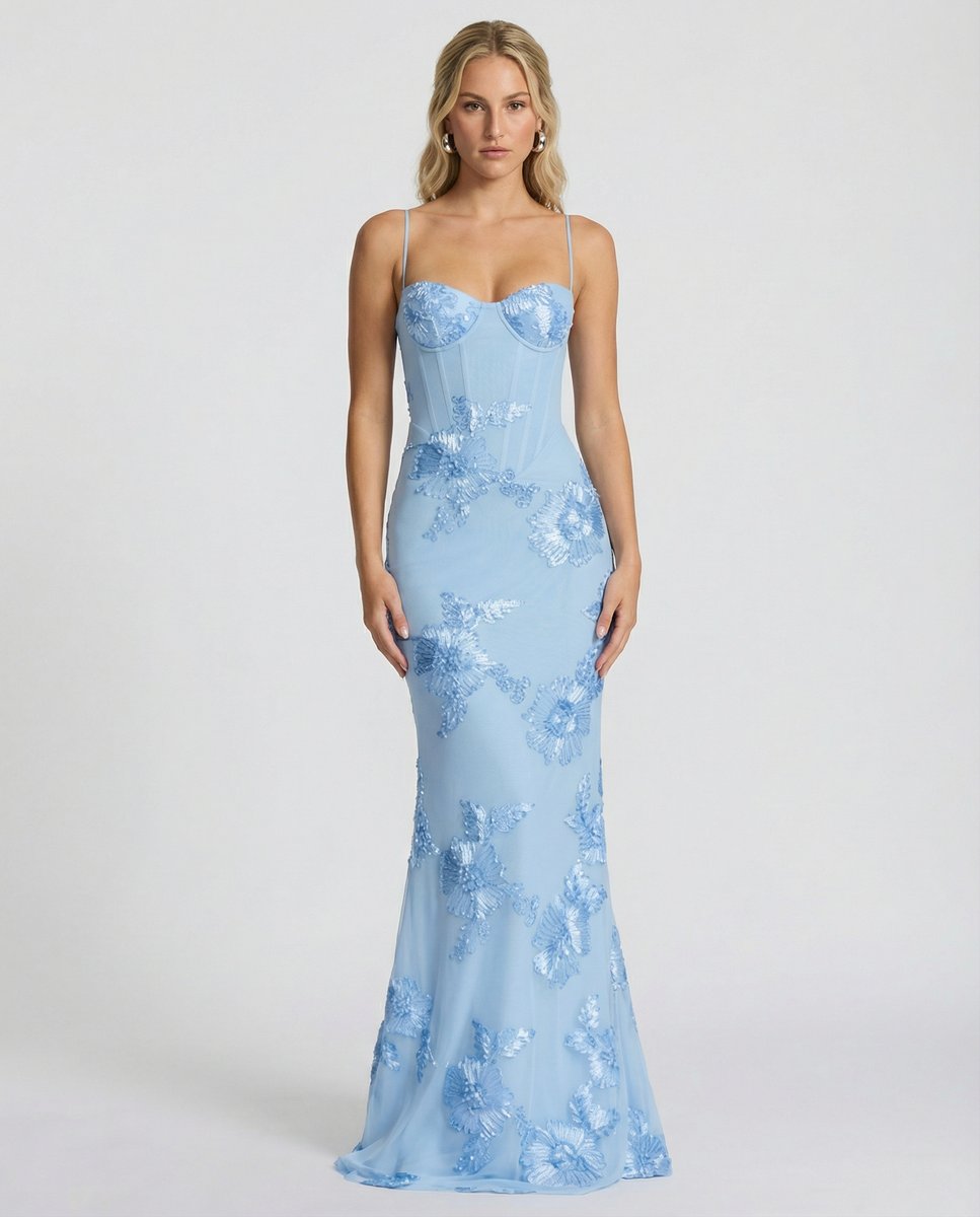 Women's Embroidered Mermaid Maxi Summer Dress Corset Formal Gown - Light Blue