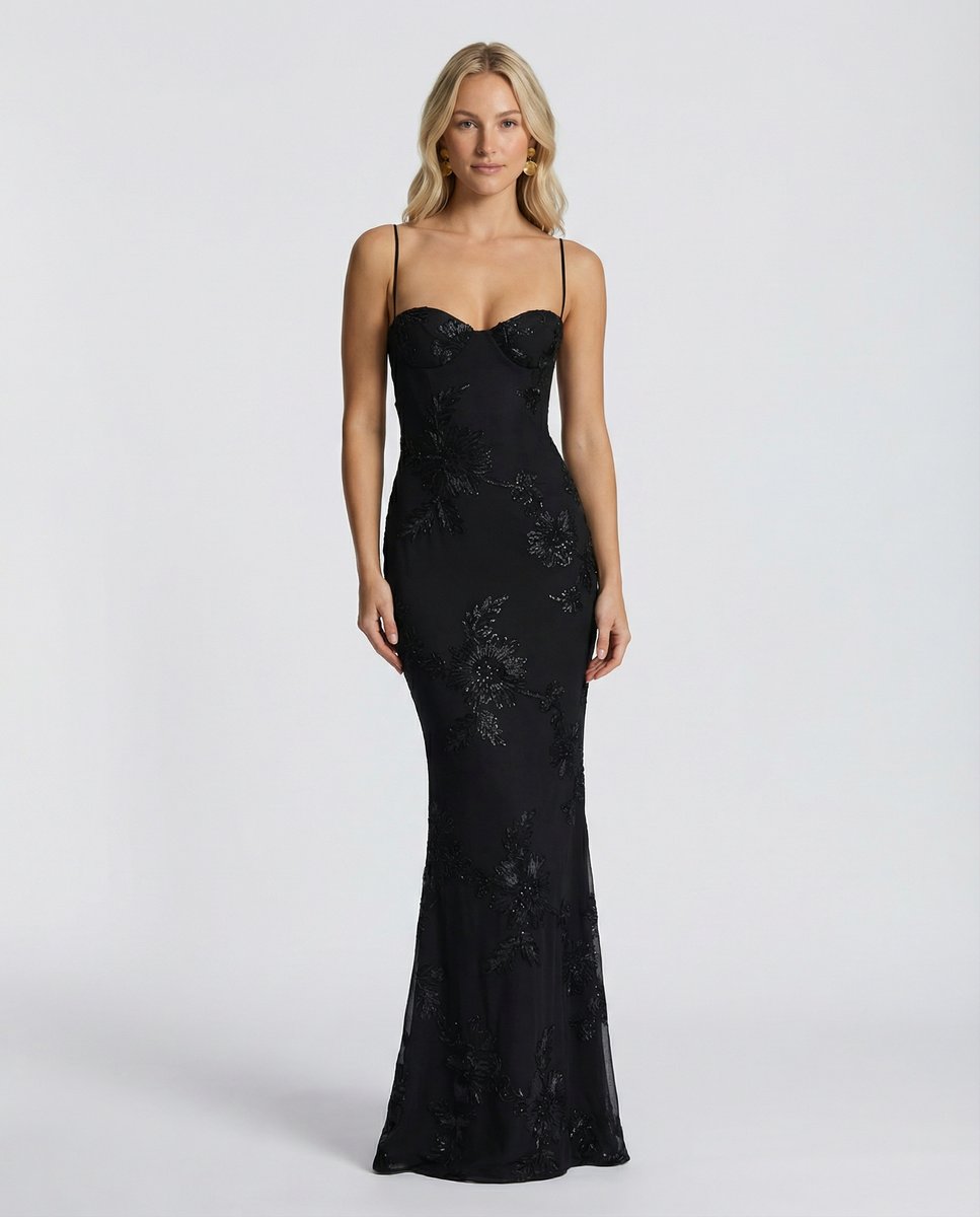 Women's Embroidered Mermaid Maxi Summer Dress Corset Formal Gown - Black