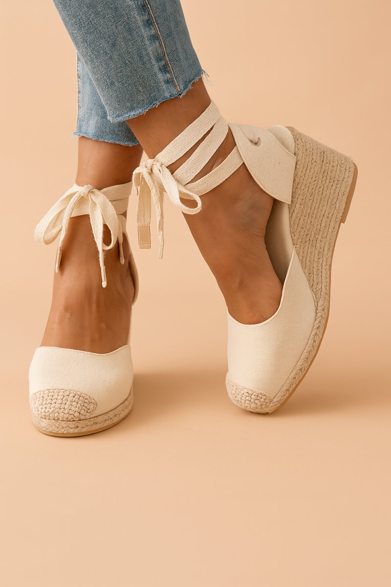 Women's Espadrille Wedge Comfort Sandals Ankle-Tie Canvas Closed Toe - White
