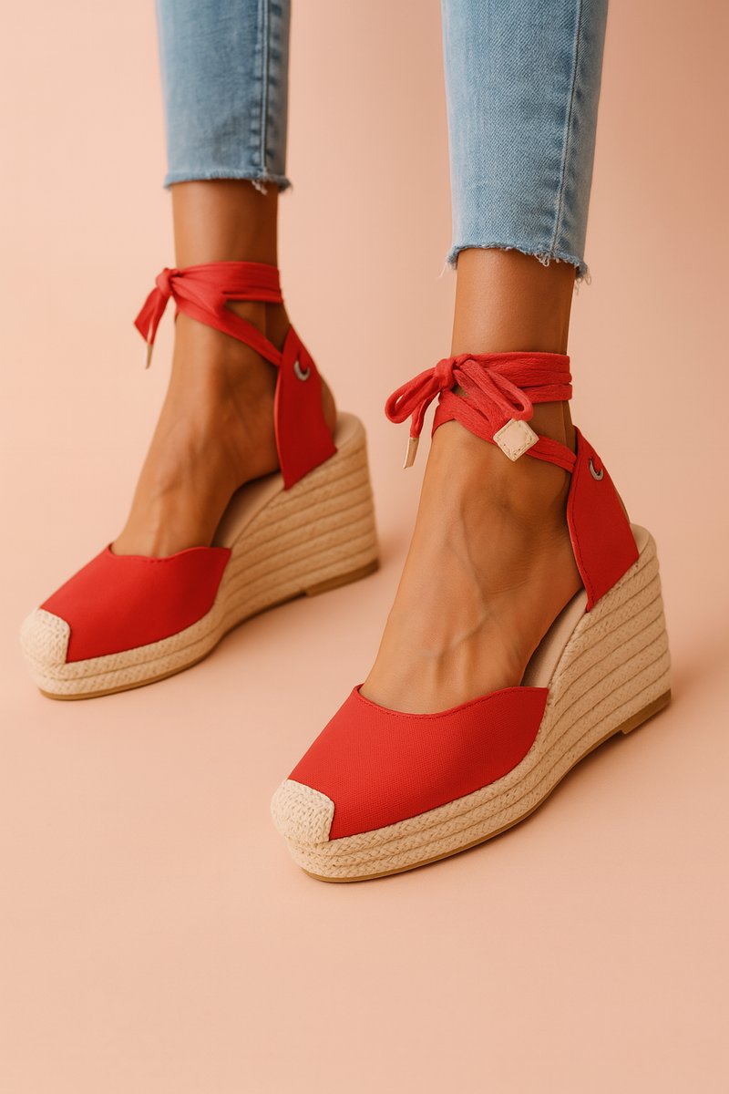 Women's Espadrille Wedge Comfort Sandals Ankle-Tie Canvas Closed Toe - Red