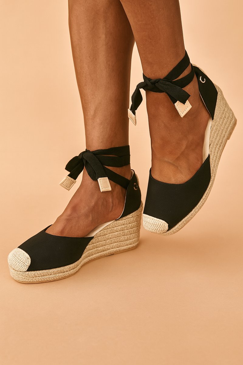 Women's Espadrille Wedge Comfort Sandals Ankle-Tie Canvas Closed Toe - Black