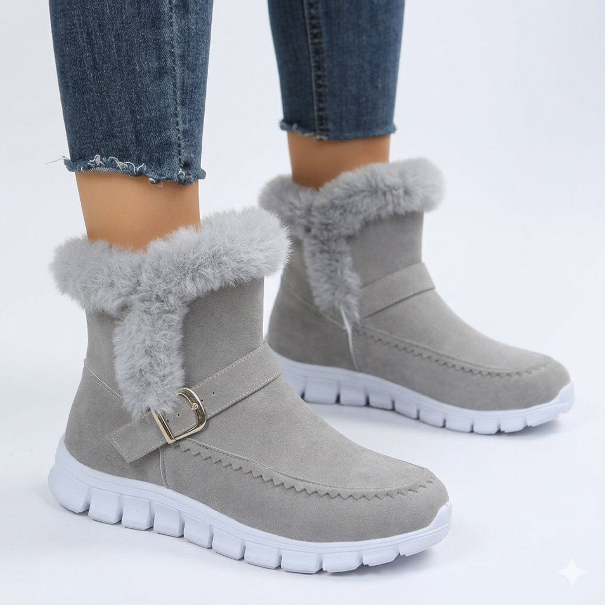 Women's Faux Suede Fur-Lined Buckle Strap Comfort Sneakers - Grey