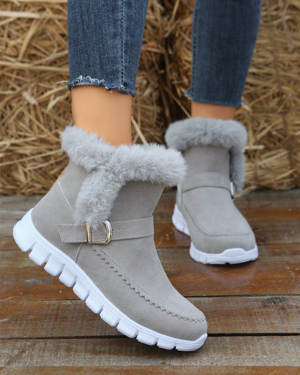 Women's Faux Suede Fur-Lined Buckle Strap Comfort Sneakers