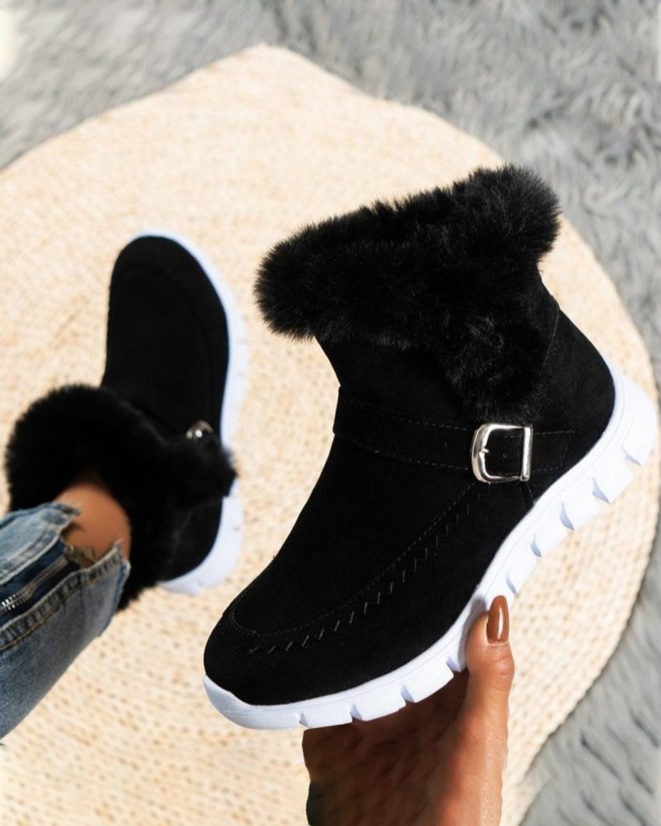Women's Faux Suede Fur-Lined Buckle Strap Comfort Sneakers
