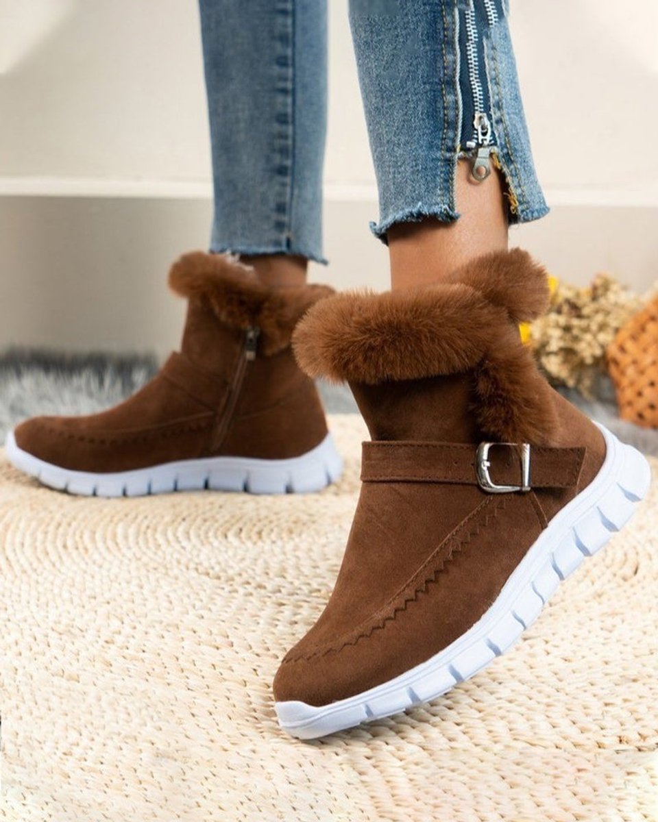 Women's Faux Suede Fur-Lined Buckle Strap Comfort Sneakers