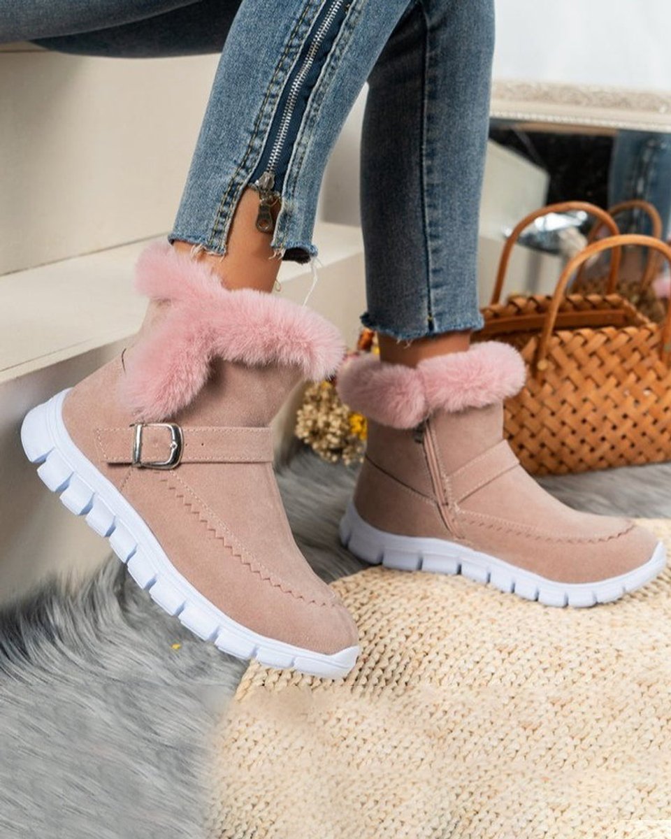 Women's Faux Suede Fur-Lined Buckle Strap Comfort Sneakers