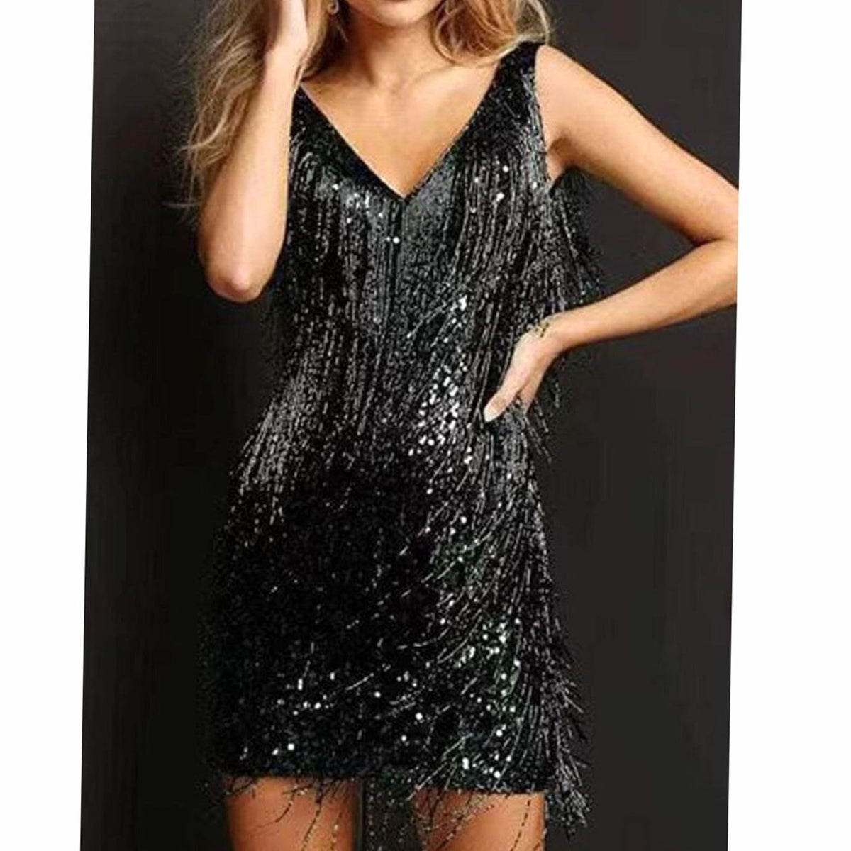 Women's Fitted Fringe Sequin Mini Dress V-Neck Party - Black
