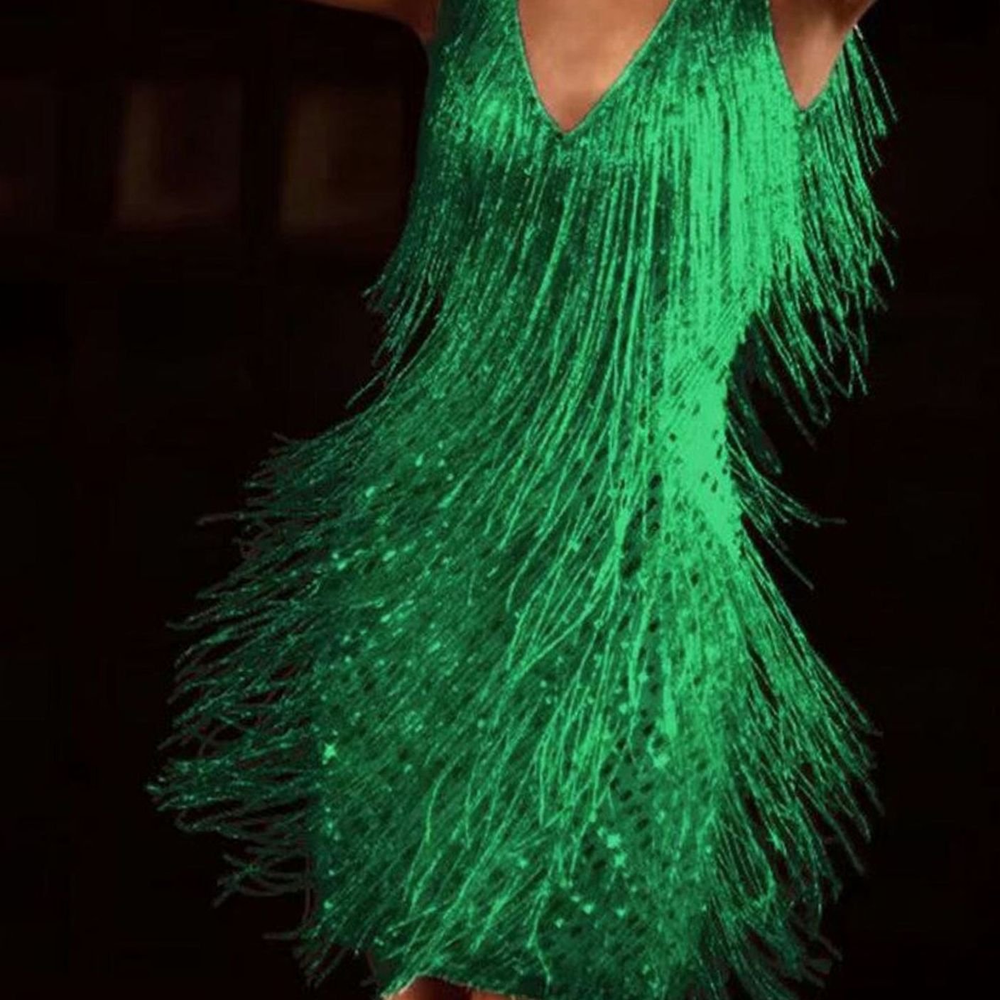 Women's Fitted Fringe Sequin Mini Dress V-Neck Party - Green