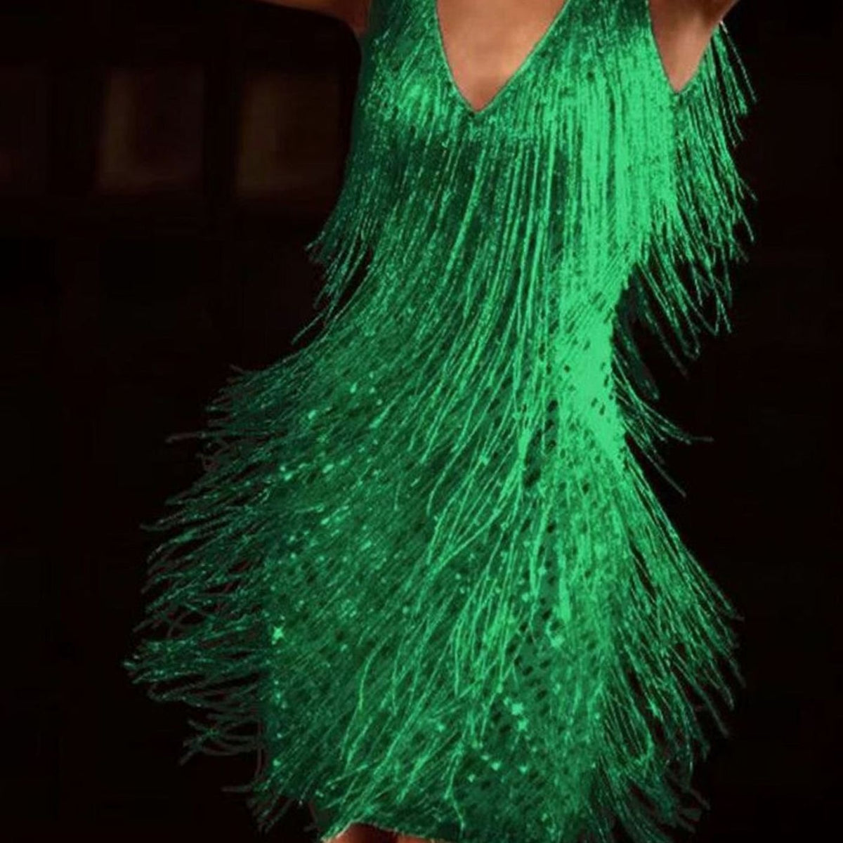 Women's Fitted Fringe Sequin Mini Dress V-Neck Party - Green