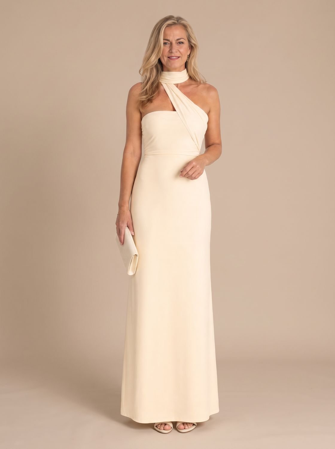 Women's Fitted Halter-Neck Sleeveless Maxi Evening Dress - Beige