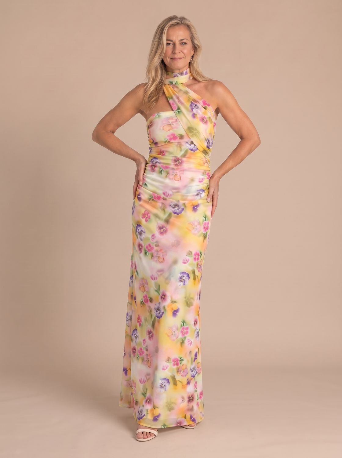 Women's Fitted Halter-Neck Sleeveless Maxi Evening Dress - Multicolour
