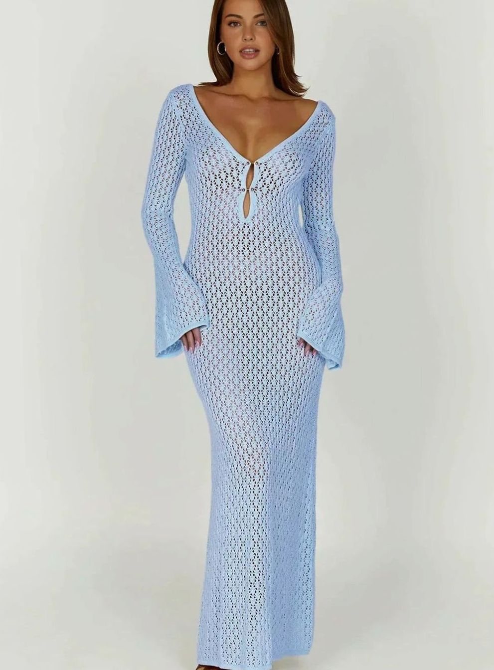 Women's Fitted Long Sleeve V-Neck Crochet Maxi Dress - Blue